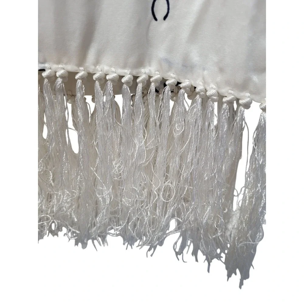 White & Navy Patterned Satin Scarf With Fringe Detailing